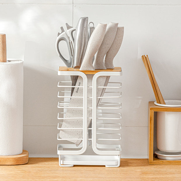 Bamboo White Kitchen Knives Organizer