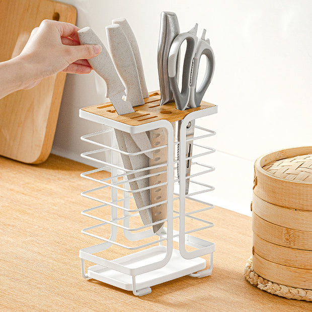 Bamboo White Kitchen Knives Organizer